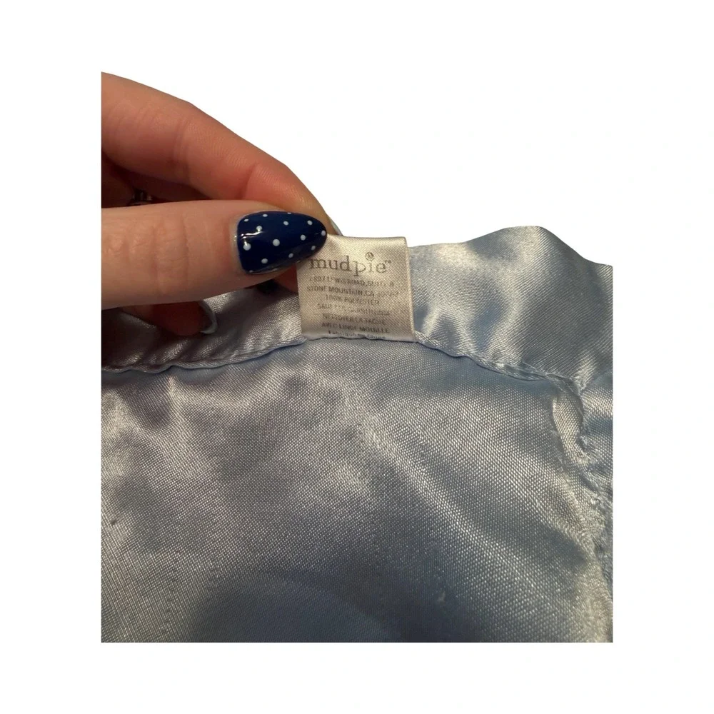 Mud Pie Baby Blanket Light Blue Minky Dot Satin Back Trim Security Lovey 30x30